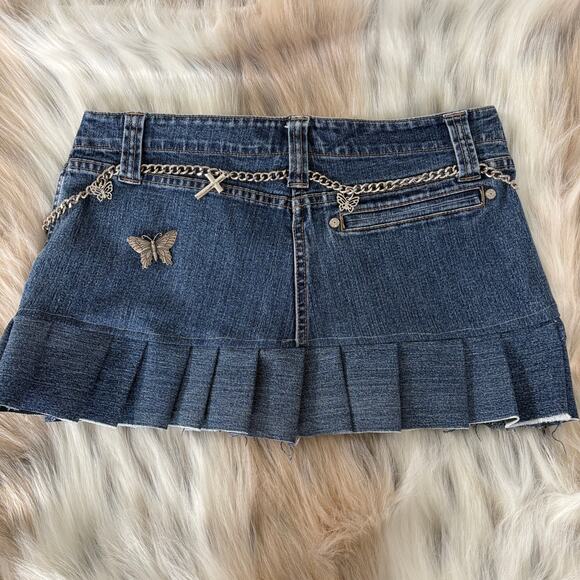 Upcycled Y2K Denim Micro Skirt Pleated Hem Fairy Butterfly Chain Streetwear Blue - Picture 7 of 7